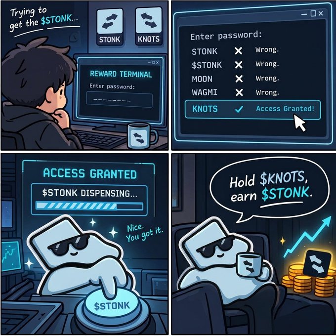 A four-panel comic-style illustration depicting a crypto theme, where a boy tries passwords ("STONK", "$STONK", "MOON", "WAGMI") at a "REWARD TERMINAL" before "KNOTS" grants access, dispensing "$STONK" to a sunglasses-wearing knot character who advises "Hold $KNOTS, earn $STONK."