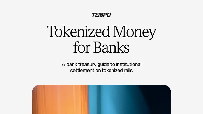 The image is a cover graphic for Tempo's research report titled "Tokenized Money for Banks," subtitled "A bank treasury guide to institutional settlement on tokenized rails," featuring a minimalist design with an orange and blue gradient rectangle at the bottom. It visually introduces the report's topic of evaluating banks' three main tokenized money options—tokenized deposits, proprietary stablecoins, and third-party stablecoins—through a lens of reach, liquidity, and balance sheet impact.