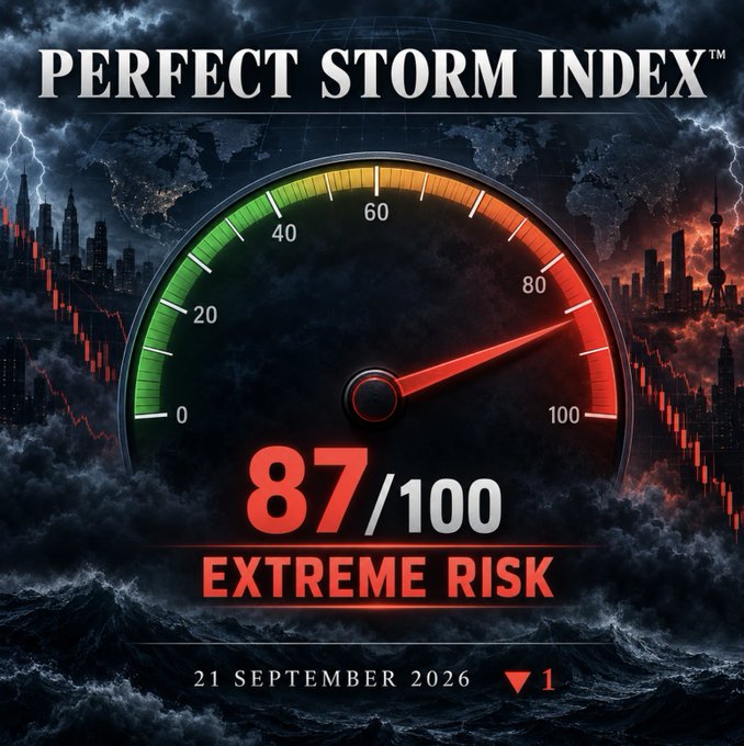 A dramatic dashboard-style graphic displays the "Perfect Storm Index™" gauge with a red needle pointing to **87/100**, labeled **"EXTREME RISK,"** dated **21 September 2026** with a ▼1 indicator. The stormy backdrop, crashing waves, and red-tinted global cityscapes visually reinforce the post's warning that risk has only marginally eased while oil prices, Middle East tensions, tanker shortages, and crypto markets continue fueling the storm.