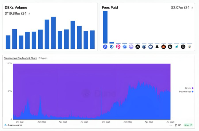 A crypto analytics dashboard displaying 'DEXs Volume' at $119.86m (24h) bar chart, 'Fees Paid' at $2.07m (24h) chart, and a 'Transaction Fee Market Share: Polygon' area chart showing growth from Oct 2024 to Jul 2026.
