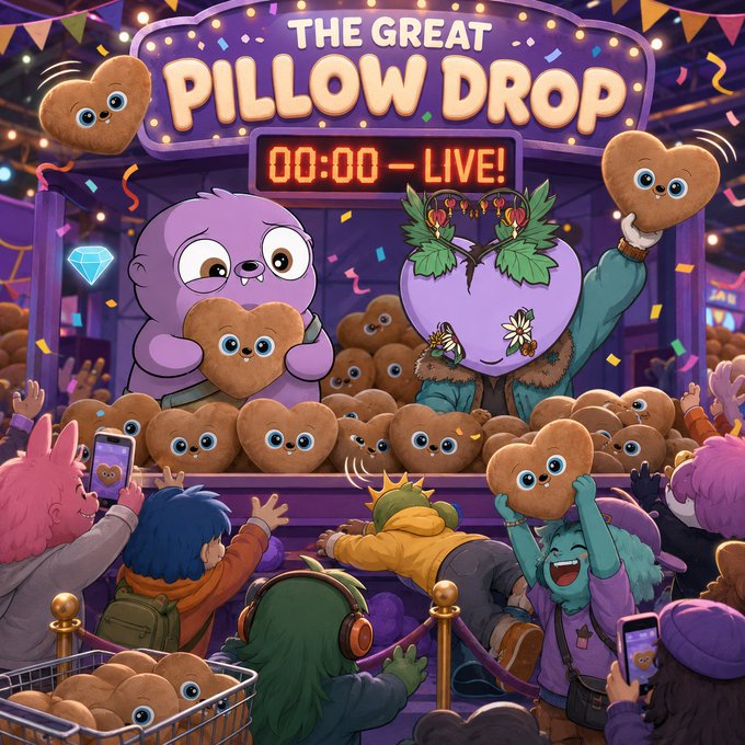 A vibrant digital illustration of a bustling event titled 'THE GREAT PILLOW DROP' with a timer reading '00:00 - LIVE!', featuring excited characters throwing heart-shaped pillows with faces.