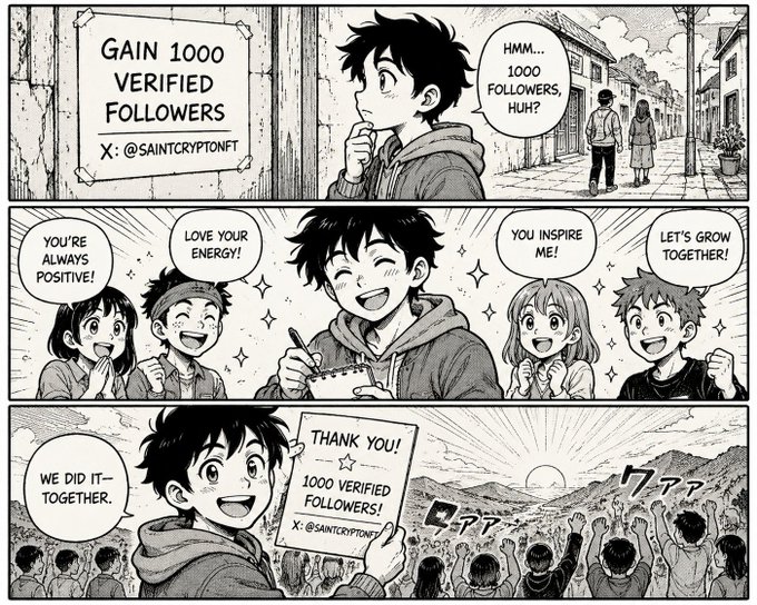 A black-and-white manga-style comic showing a character gaining 1000 verified followers (X: @SAINTCRYPTONFT), celebrating with friends in the middle panel and holding a sign thanking followers in the final panel.