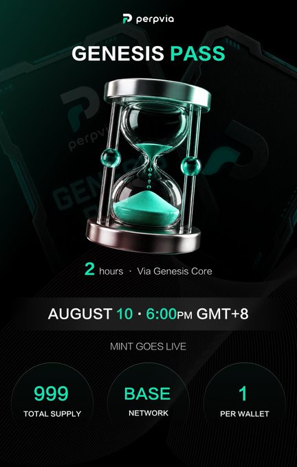 A Perpyvia promotional poster for the 'Genesis Pass' NFT mint, featuring a glowing green hourglass, scheduled for August 10 at 6:00 PM GMT+8 via Genesis Core, with details showing a total supply of 999 on the Base network, limited to 1 per wallet.