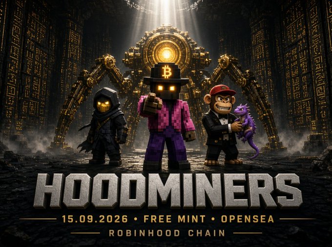 Promotional artwork for 'HOODOMINERS' featuring a Minecraft-style Bitcoin miner character flanked by a ninja and a suited ape holding a purple dragon, with text reading '15.09.2026 • FREE MINT • OPENSEA • ROBINHOOD CHAIN'.