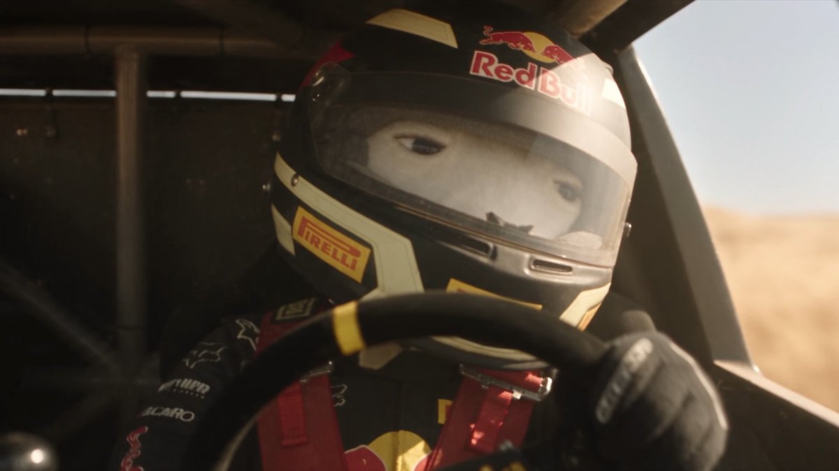 A driver inside a race car wears a black helmet featuring the Red Bull logo and Pirelli branding, gripping the steering wheel with gloved hands while staring intently ahead.