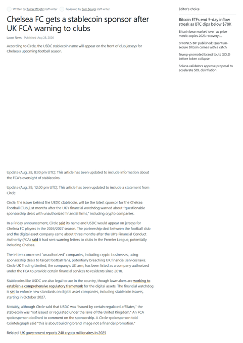 A screenshot of a news article titled 'Chelsea FC gets a stablecoin sponsor after UK FCA warning to clubs' by Turner Wright, dated August 28, 2024, discussing Circle and USDC.