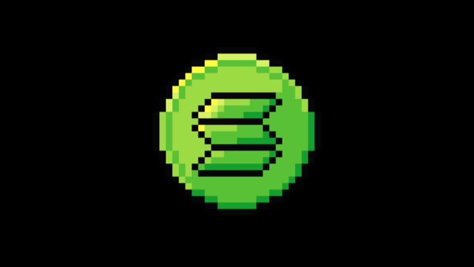 A pixel art rendering of a glowing green coin or sphere with black horizontal stripes against a black background.