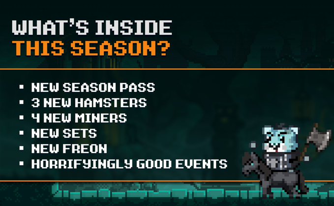 A video game promotional graphic titled 'WHAT'S INSIDE THIS SEASON?' listing new features like 'NEW SEASON PASS,' '3 NEW HAMSTERS,' and 'HORRIFYINGLY GOOD EVENTS' alongside a pixel art character.