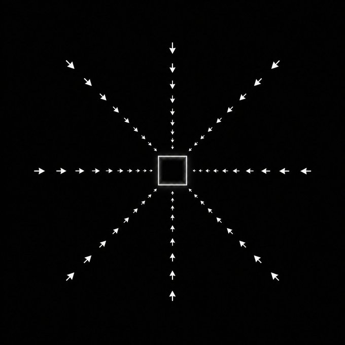 A minimalist graphic on a black background shows white arrows radiating inward from all directions toward a central white square, symbolizing convergence toward a single point. This visual reinforces the "one click closer" message, depicting how all paths lead to a unified onchain entry point.
