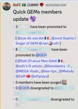 Discord message screenshot from 'Sak' dated 02/07/2026 announcing GEMs member updates, including promotions to @Princess and @GEM, as well as a member purge.