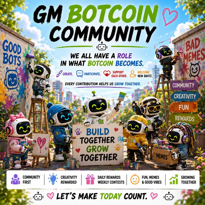 A colorful promotional graphic for 'GM BOTCOIN COMMUNITY' featuring robot characters with the tagline 'We all have a role in what BotCoin becomes' and themes of community, creativity, fun, and rewards.