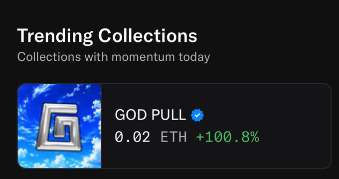 A 'Trending Collections' section featuring 'GOD PULL' NFT collection priced at 0.02 ETH, showing a +100.8% increase, displayed against a sky background.