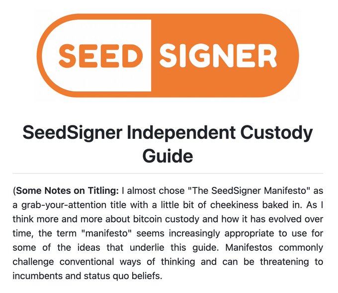 The image shows the SeedSigner logo (orange pill-shaped design) above the title "SeedSigner Independent Custody Guide," with a note beginning about titling choices. It introduces the introductory section of the SeedSigner Independent Custody Guide, a document outlining their philosophy and reasoning behind the project's design decisions around Bitcoin self-custody.
