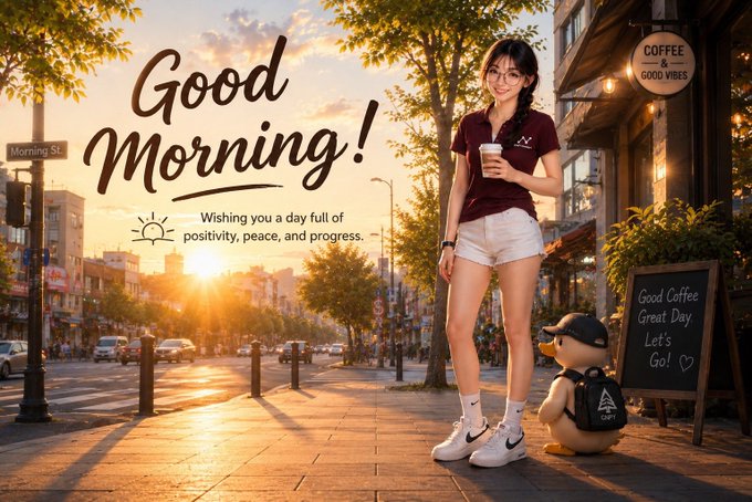 A 'Good Morning!' graphic features a smiling young woman holding a coffee cup on a sunlit city street, alongside a penguin character wearing a cap, with a chalkboard reading 'Good Coffee Great Day Let's Go!' and a badge labeled 'COFFEE & GOOD VIBES'.