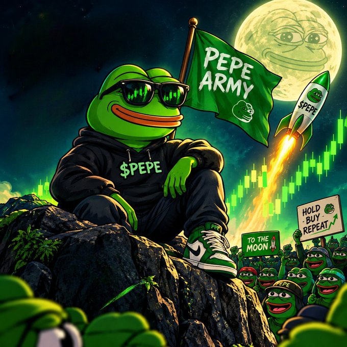 A Pepe the Frog themed meme illustration showing a frog in a hoodie and sunglasses with '$PEPE' branding, holding a 'PEPE ARMY' flag, accompanied by rocket imagery, 'TO THE MOON' signs, and rising candlestick charts.