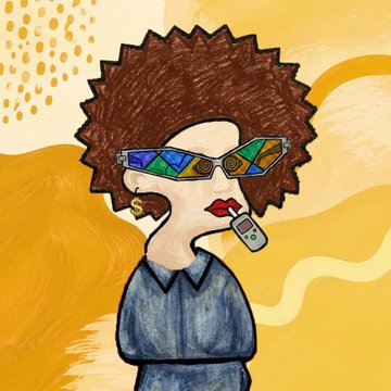 A colorful illustration of a woman with a brown afro, geometric stained-glass sunglasses, a dollar-sign earring, red lipstick, and a blue collared shirt against a yellow painted background.