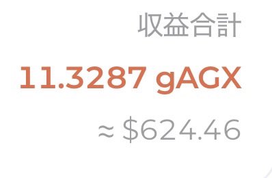 A digital display showing earnings totals in Japanese: '収益合計 11.3287 gAGG ≈ $624.46'.