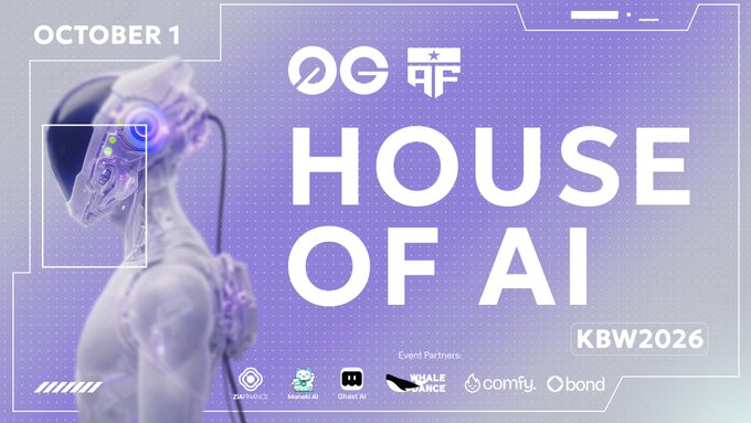 A promotional graphic for 'HOUSE OF AI' event on October 1, part of KBW2026, featuring an AI robot figure and logos for partners including ZeroNVC, Murfuki AI, Ghost AI, Whale Finance, com.fy, and band.