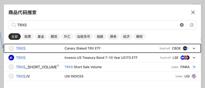 A screenshot of a product code search interface displaying search results for "TRXS," showing the Canary Staked TRX ETF (ticker: TRXS, fund ETF, listed on CBOE) as the top result, confirming its availability on the Cboe BSX exchange.