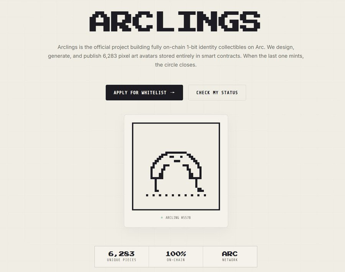 Webpage for 'ARCLINGS' describing it as 'the official project building fully on-chain 1-bit identity collectibles on Arc', featuring a pixelated mushroom NFT and stats like '6,283 UNIQUE PIECES' and '100% ON-CHAIN'.