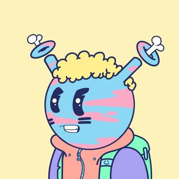 An illustration of a blue character with pink cheek blushes, yellow curly hair on top, two antenna-like ear pieces with rings, wearing an orange hoodie and green jacket against a pale yellow background.
