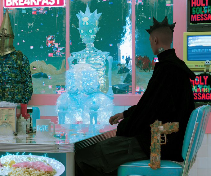 The image features a man sitting at a table with a plate of food, including a cupcake, while looking out a window that has a strange figure or sculpture of a person inside. The scene appears to be set in a restaurant or cafe environment. The man is wearing a black jacket and hat, which adds an element of mystery to the overall atmosphere. The post seems to be related to the collection "XIX" by @OGDSZN, as indicated by the caption provided.