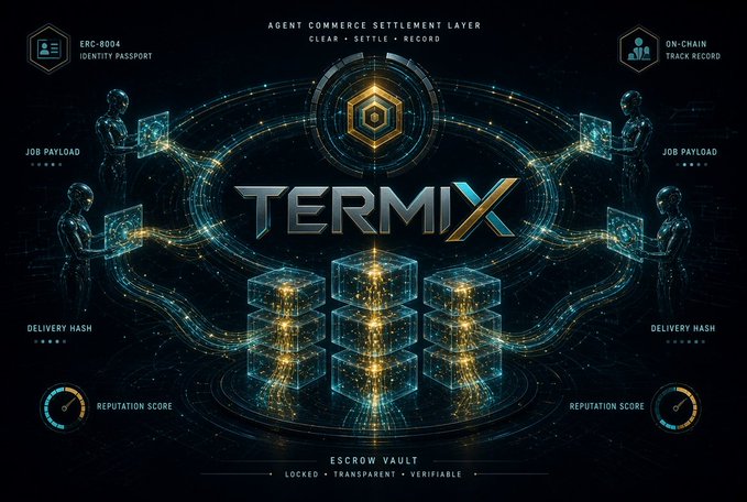 A futuristic digital graphic for 'TERMIX' displays it as an 'AGENT COMMERCE SETTLEMENT LAYER' with text including 'CLEAR • SETTLE • RECORD', 'ERC-8004 IDENTITY PASSPORT', 'ON-CHAIN TRACK RECORD', 'JOB PAYLOAD', 'DELIVERY HASH', 'REPUTATION SCORE', and 'ESCROW VAULT • LOCKED • TRANSPARENT • VERIFIABLE'.