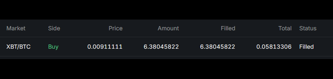 A cryptocurrency exchange order table showing a filled buy order for XBT/BTC at a price of 0.00911111 for 6.38045822 units, totaling 0.05813306.