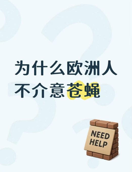 A graphic with Chinese text '为什么欧洲人不介意苍蝇' (Why don't Europeans mind flies?) and an illustration of a brick fireplace with a 'NEED HELP' sign.