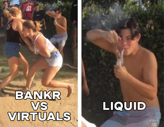 A collage of two photos, a man smoking a joint and another man holding a pipe, with the text "BANKR vs VIRUS Liquids" overlaid on them.