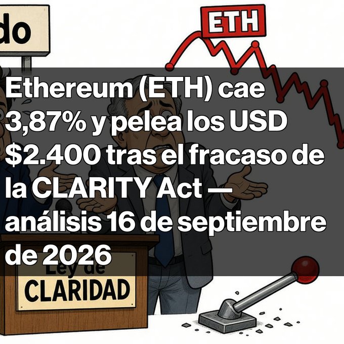 A cartoon of a politician at a podium labeled "Ley de CLARIDAD" with a downward ETH price chart, captioned "Ethereum (ETH) cae 3,87% y pelea los USD $2.400 tras el fracaso de la CLARITY Act — análisis 16 de septiembre de 2026" (Ethereum drops 3.87% and battles $2,400 after the failure of the CLARITY Act).