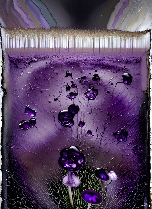 An abstract digital artwork featuring purple bulbous forms on thin stems, with dark droplets falling against a textured purple background.