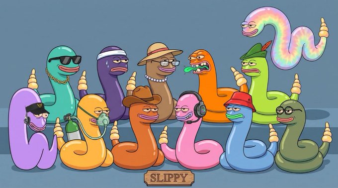Colorful NFT illustration of stylized worm characters with various accessories, signed 'SLIPPY' at the bottom.