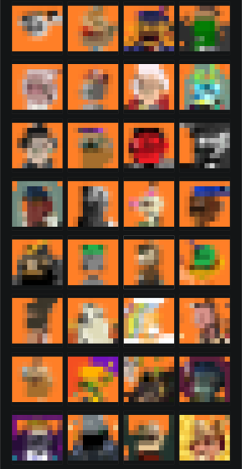 A grid of 32 heavily pixelated character icons on orange backgrounds, appearing to be a collection of low-resolution digital art or NFT thumbnails.