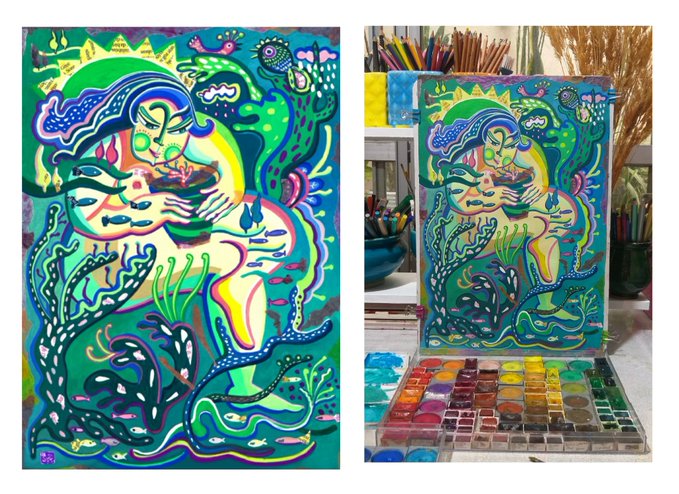 Side-by-side comparison of a colorful, vibrant painting of a green-skinned figure among underwater elements, shown as the finished artwork and as a work-in-progress on an easel with a watercolor palette below.