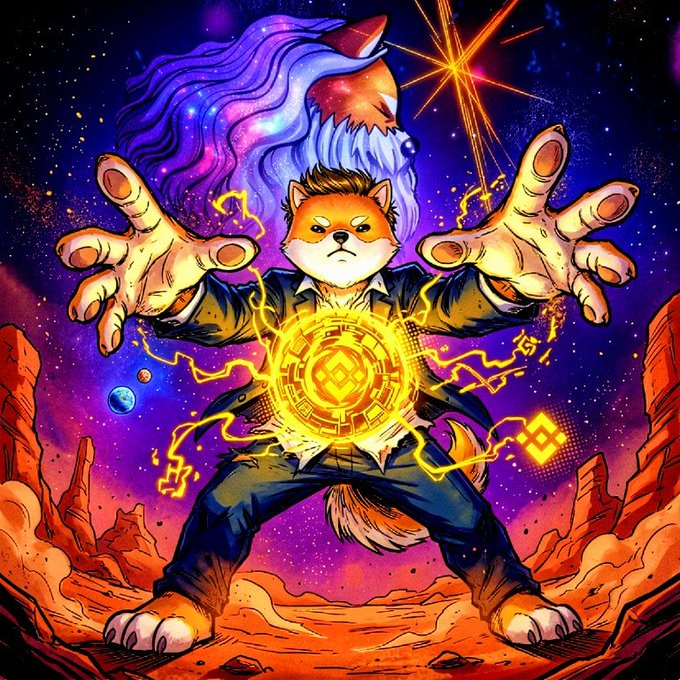 A stylized anime illustration shows a dog character in a suit holding up a glowing Binance (BNB) symbol against a cosmic, cosmic background with an aurora-like wolf silhouette behind it.