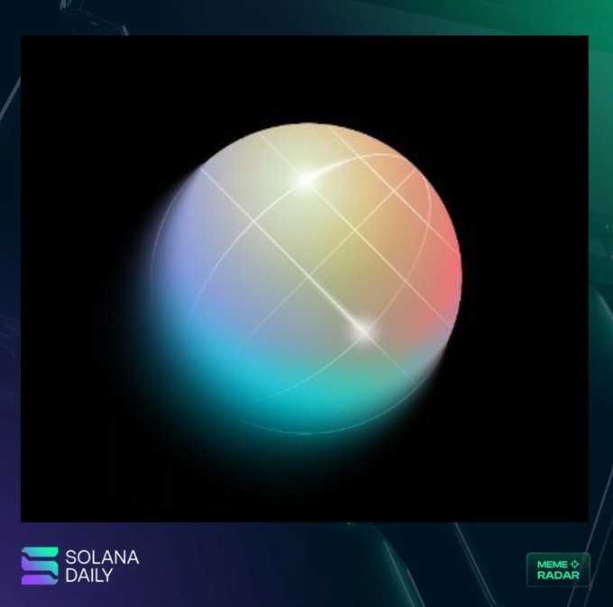 A glossy multicolored sphere (pink, teal, yellow, purple gradient) with crosshair-like grid lines floats against a black background, framed by "SOLANA DAILY" and "MEME RADAR" logos, visually representing the $WORLD prediction market token.