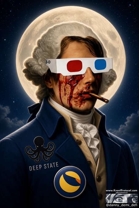 A blood‑splattered portrait of a figure resembling George Washington, wearing 3‑D glasses marked “3‑D,” a blue coat with “DEEP STATE” and an octopus emblem, and a Pepsi‑style logo on his lapel, set against a full moon; the image also displays the watermarks “www.KneelProtocol.com” and “@danny_demi_defi.”