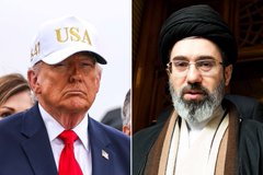 The image shows a split photo of Donald Trump wearing a "USA" cap alongside a cleric (identified in context as an Iranian official). The visual pairs the two figures whose tensions are escalating, as Trump declares the US-Iran ceasefire "over" and calls them "scum," fueling the geopolitical risk backdrop threatening BTC/ETH and broader risk assets.