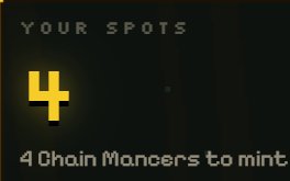 The image shows a dark screen displaying "YOUR SPOTS" with a large yellow "4" and the text "4 Chain Mancere to mint" below. It relates to the post by suggesting the user has secured 4 spots for the upcoming Chain Mancers mint event.