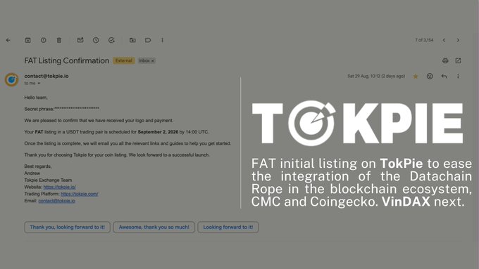 A screenshot of an email titled 'FAT Listing Confirmation' from Tokpie, with visible text confirming a FAT listing scheduled for September 2, 2020.