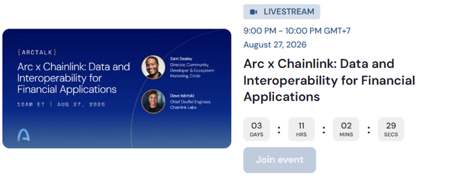 A promotional graphic for an 'Arc x Chainlink: Data and Interoperability for Financial Applications' livestream event scheduled for August 27, 2026, at 10 AM ET, featuring speakers Sam Sealey and Dawid Michalski with a countdown timer.