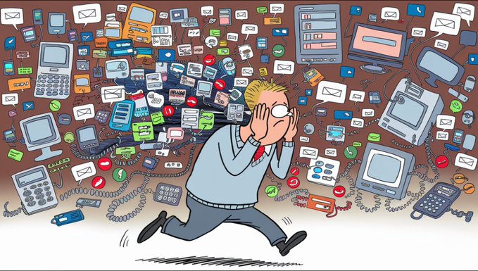 A cartoon illustration of a stressed businessman kneeling on the floor with hands over his face, surrounded by a chaotic swirl of technology icons including laptops, smartphones, calculators, emails, and various app symbols.