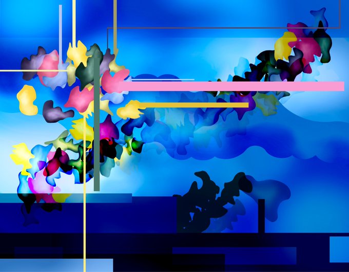 An abstract digital artwork featuring colorful organic shapes against a blue background with geometric lines in yellow, pink, and dark blue.
