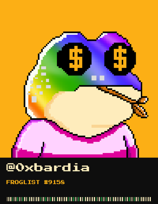 A pixel art NFT-style frog character wearing a rainbow-colored cap with dollar signs on the eyes and a bandana, labeled '@0xbardia' with 'FROGLIST #9158' at the bottom.
