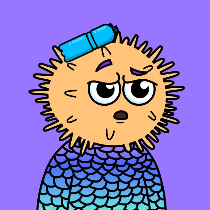 A cartoon illustration of a grumpy-looking character with spiky blonde hair, blue scale-patterned clothing, and a blue bottle resting on its head, set against a purple background.
