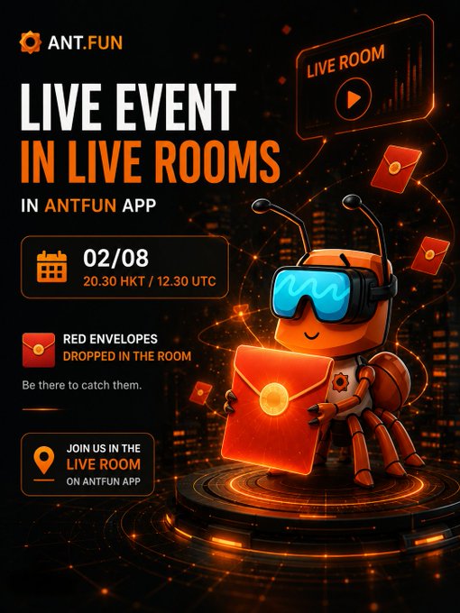 Promotional poster for ANT.FUN advertising a 'LIVE EVENT IN LIVE ROOMS' on 02/08 at 20:30 HKT / 12:30 UTC, featuring red envelopes in the room and a mascot in VR goggles.
