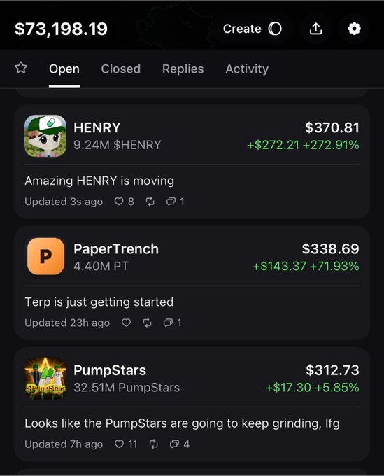 Screenshot of a crypto tracker app showing a portfolio value of $73,198.19, with posts for "HENRY" ($370.81), "PaperTrench" ($338.69), and "PumpStars" ($312.73).