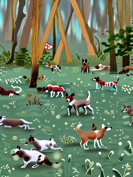 A vibrant illustration shows numerous wild dogs of various breeds scattered across a lush forest clearing with tall trees, mushrooms, and wildflowers. The image appears to be the artwork titled "Many Wild Dogs," one of the pieces collected by @nukCZ_ on the objkt.com platform.