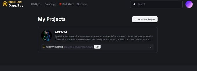 The image depicts a computer screen displaying an email or website with several bullet points describing the BNB Chain DappBay platform and its features. The main content focuses on Agent4, who is now officially submitted to @BNBCHAIN DappBay. The user interface highlights AI-powered copy trading capabilities that allow users to discover and execute strategies from top performers in the BNB Chain ecosystem, ultimately aiming to build a strong and efficient trading platform for users.